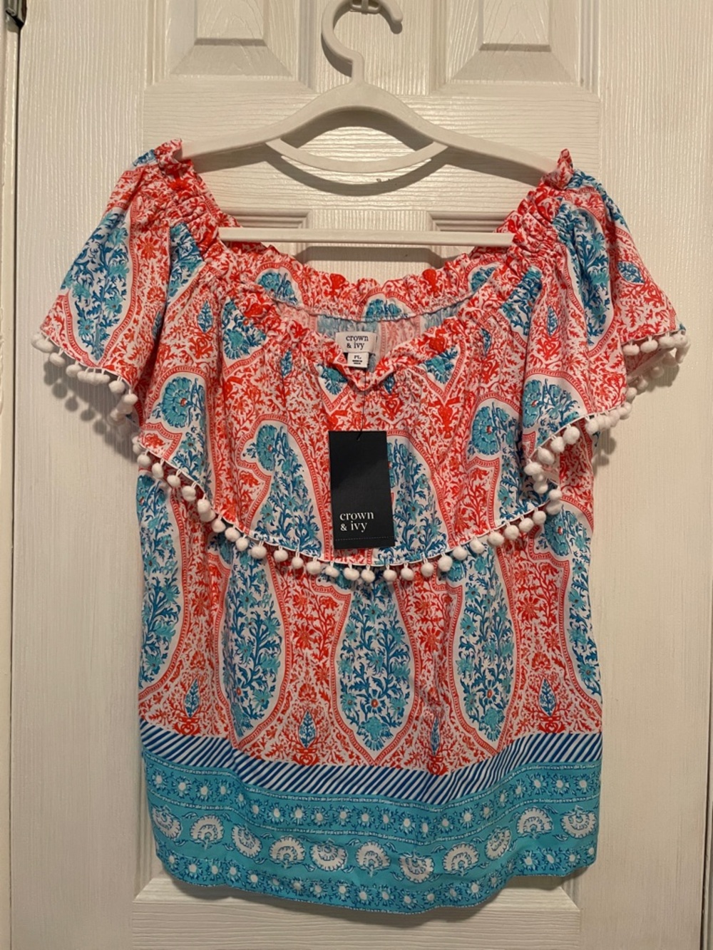 crown & ivy Coral and Teal Paisley Off-Shoulder Pom Pom Top